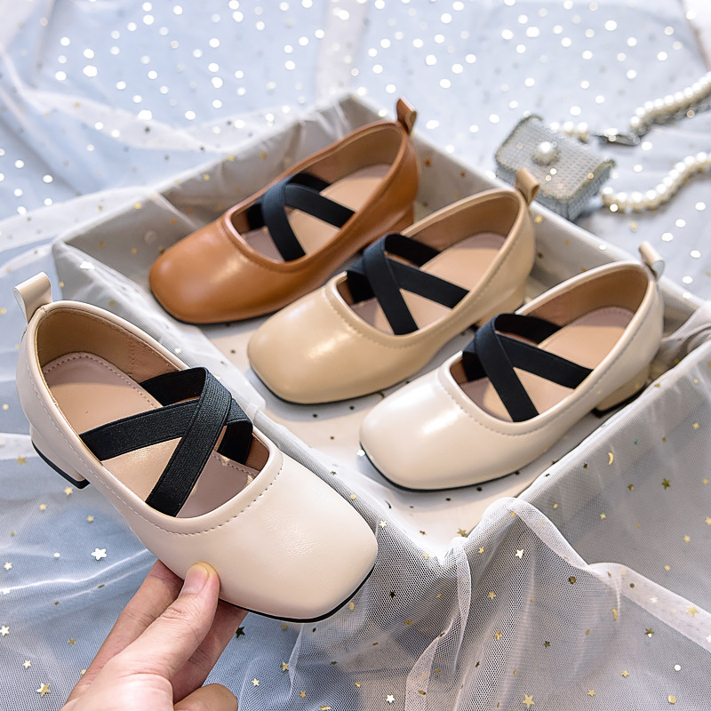 2025 New Square-Toe Shallow High-Heel Children's One-Strap Chunky Heel Leather Shoes, Dance Performance Soft-Soled Ballet Girls' Shoes