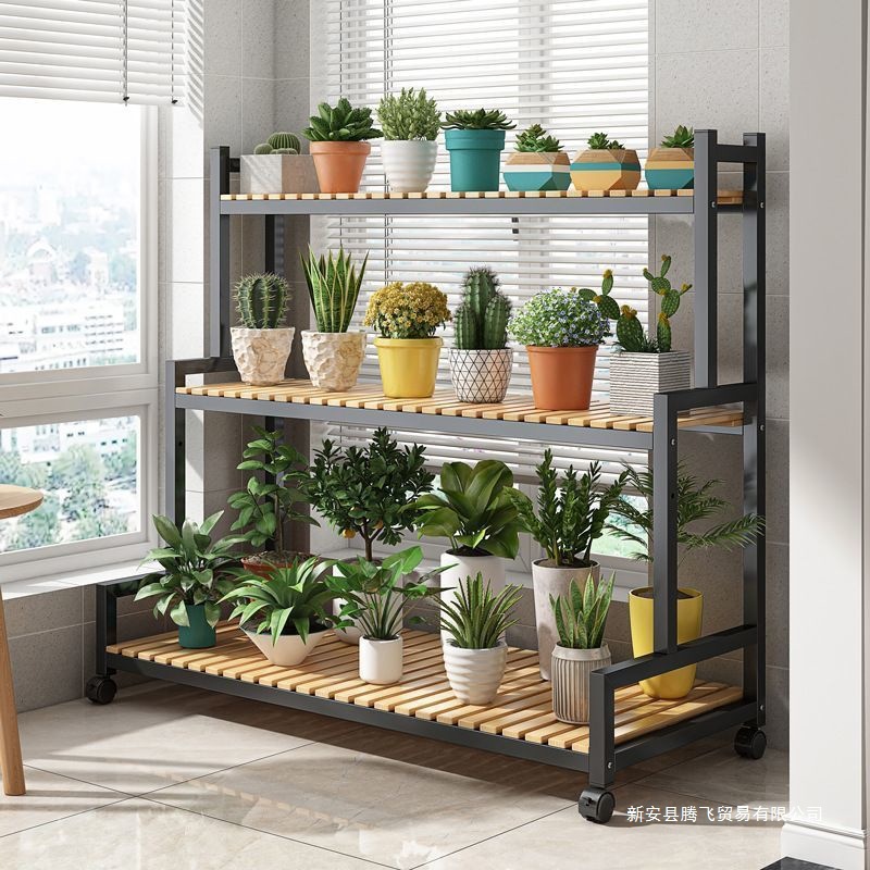 Picture of Florist shelf flower rack indoor household movable flower stand with wheels floor step flower stand succulent flower stand