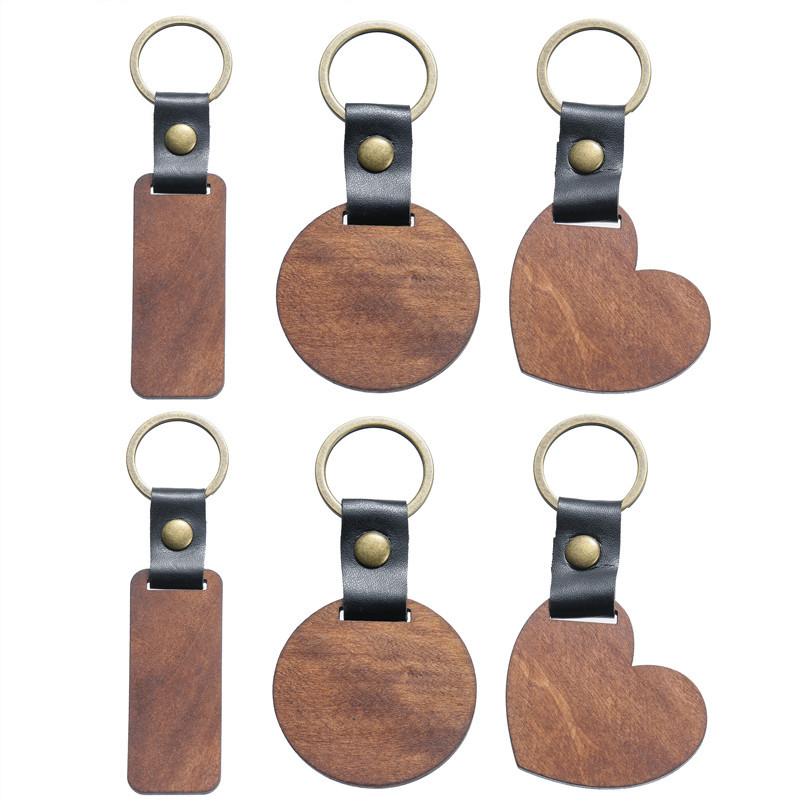 2022 creative wood DIY key chain spade Wood key pendant metal leather key ring pendant