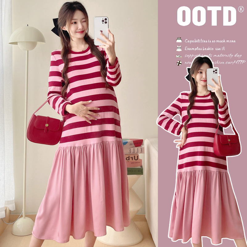 Picture of Pregnant women's clothing 2024 autumn new chubby girl loose long sleeve striped stitching sweater skirt women's long dress tide