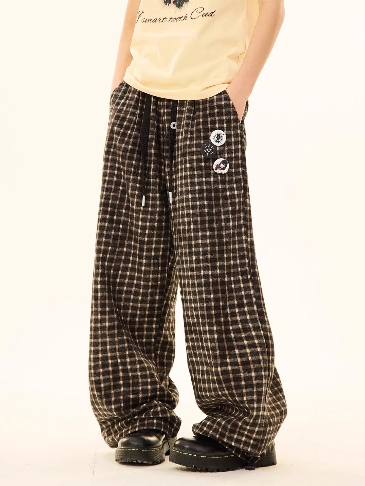 Plaid Casual Pants for Men and Women Loose Badge Decorative Elbow Waist Straight Wide Leg Pants Academic Style Long Pants