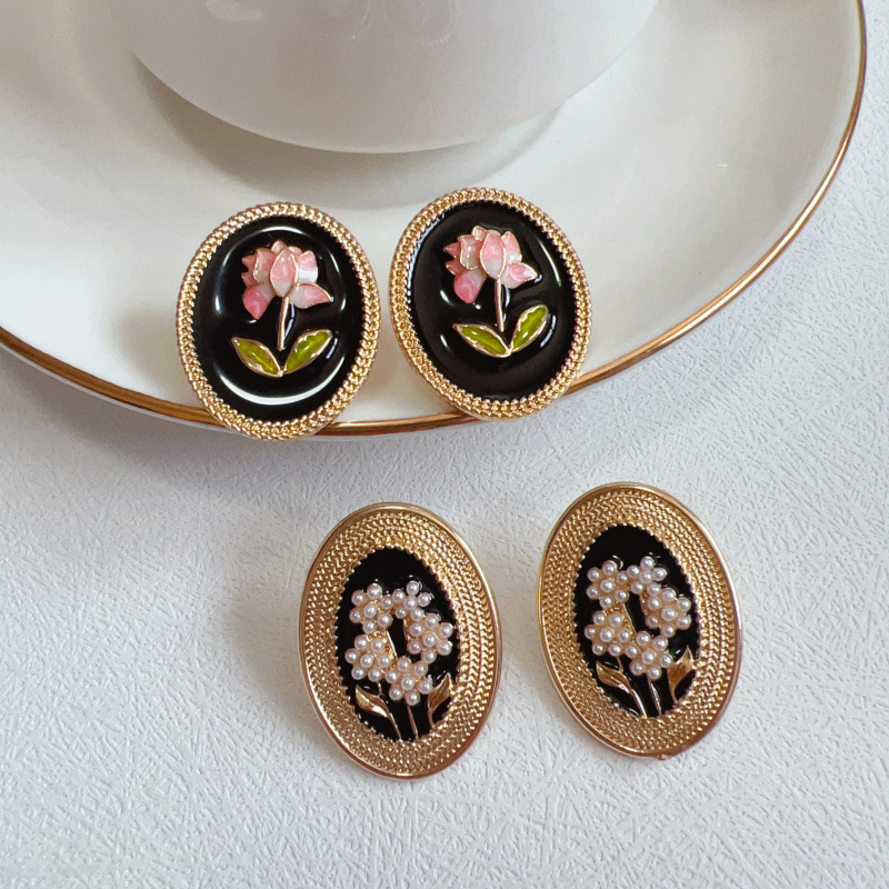 New Original Vintage Palace Earrings Flower Painted Enamel 925 Silver Pin Pearl Earrings Hanfu Cheongsam Accessories