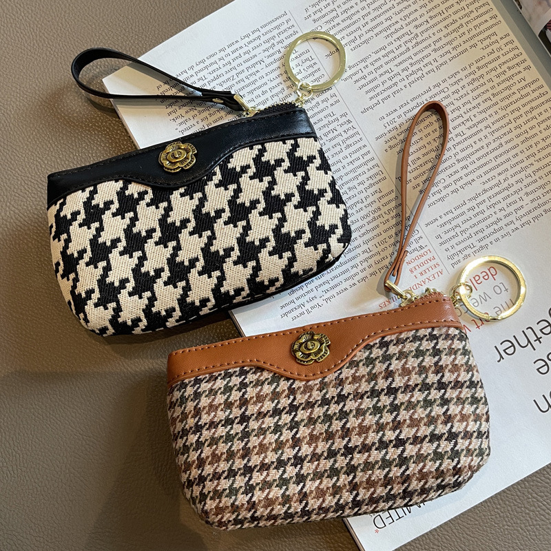 Plush Short Coin Purse Women's 2025 New Houndstooth Cute Coin Zipper Niche High-end Hand Wallet