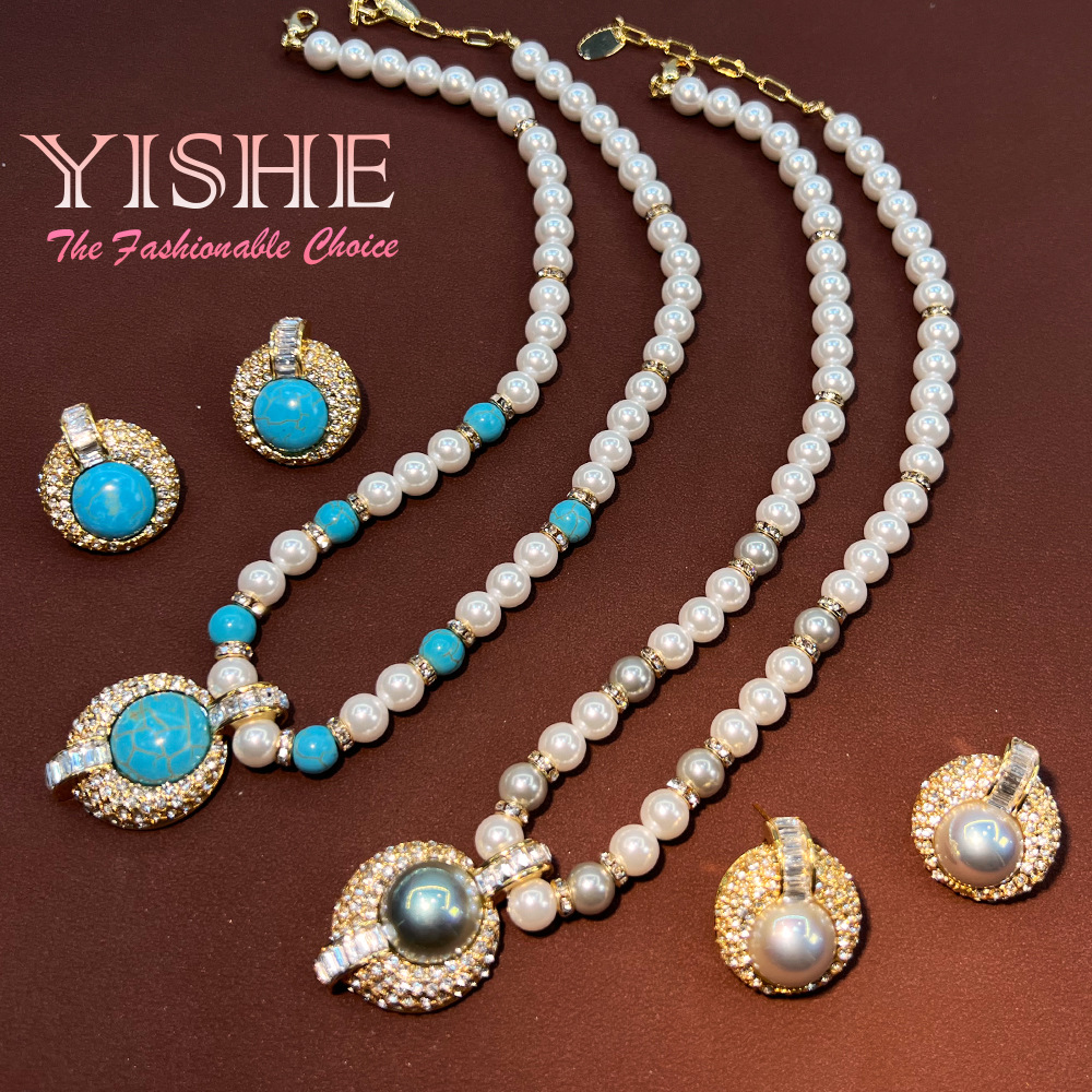 Maillard turquoise rhinestone suit copper plated gold advanced handmade pearl Mabei advanced necklace ear studs
