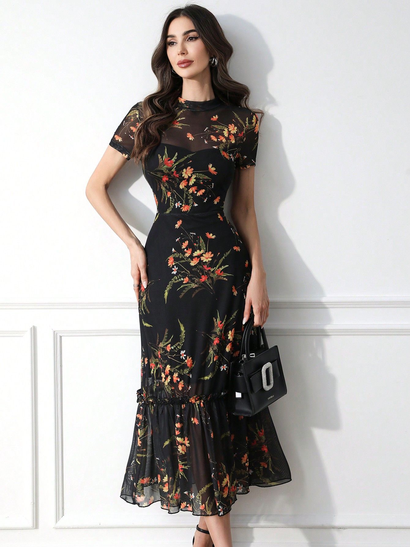 European and American Diablo Elegant Floral Printed Short-sleeved Mesh dress