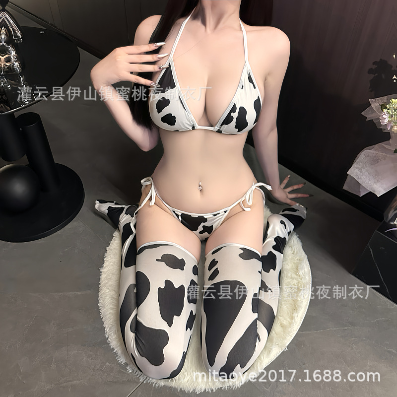 Sexy Intimates Three-Point Cos Cow Role-Playing Sexy Temptation Lace-Up Bikini Bra and Panty Set