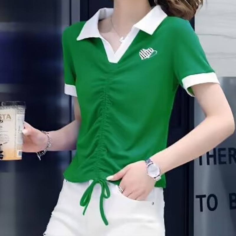 Polo Collar Short T-Shirt Women's Short Sleeve 2023 New Summer Slim-fit Fashionable Trendy Green Top