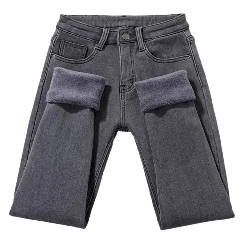 fleece-lined Thickened Jeans Women's Autumn and Winter High Waist Slimming Pencil Long Fashionable Pants Tight Stretch Grey Cotton Pants