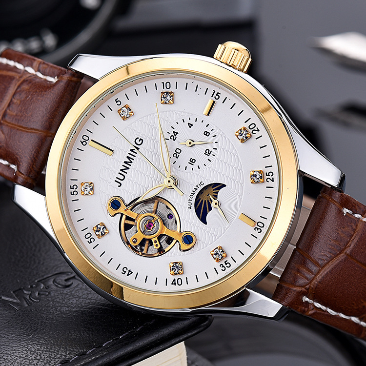 New Style Room Gold Three-plate Five-pin Waterproof Belt Tourbillon Men's Automatic Mechanical Watch Diamond-encrusted Business Men's Watch