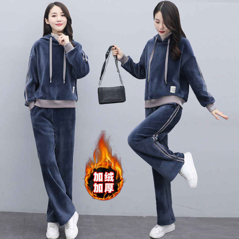 Gold Velvet fleece-lined casual sweater suit women's 2023 Winter double-sided velvet hooded stitching turtleneck wide-leg pants two-piece set