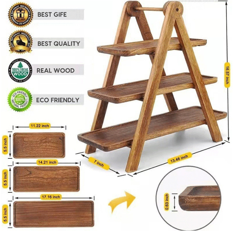 Picture of Acacia Mouton wood three-layer vegetable rack, wooden pallet storage rack, hot pot restaurant, dish organizing kitchen, hotel