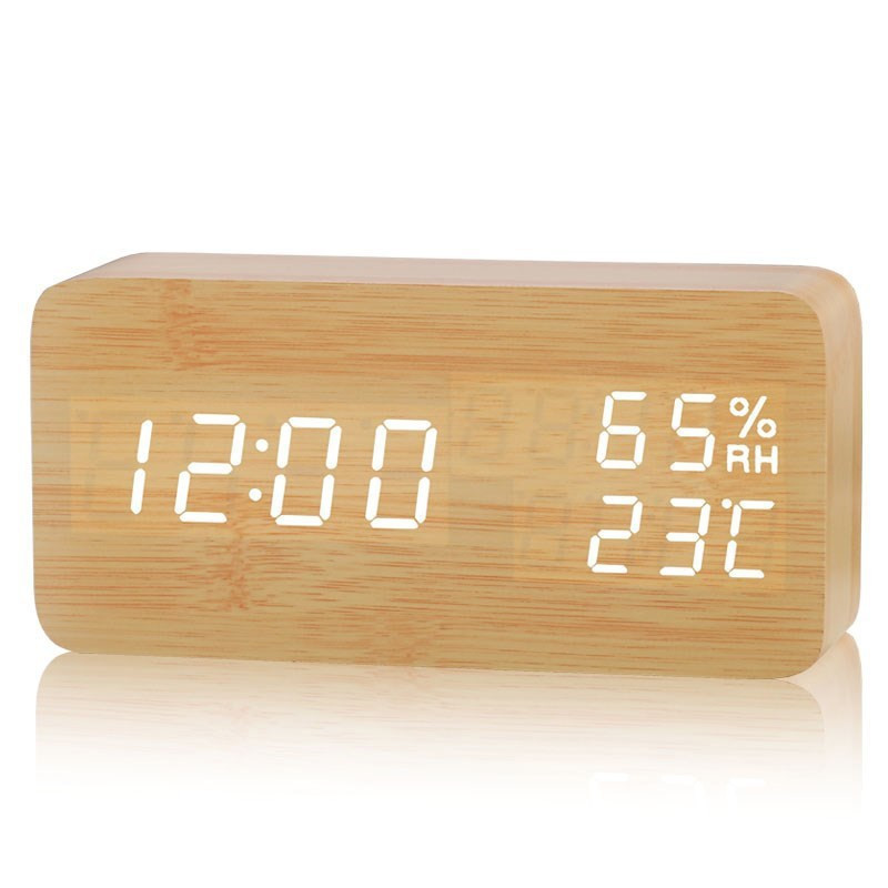 Creative led wooden clock rectangular indoor temperature hygrometer voice control electronic clock simple wooden alarm clock