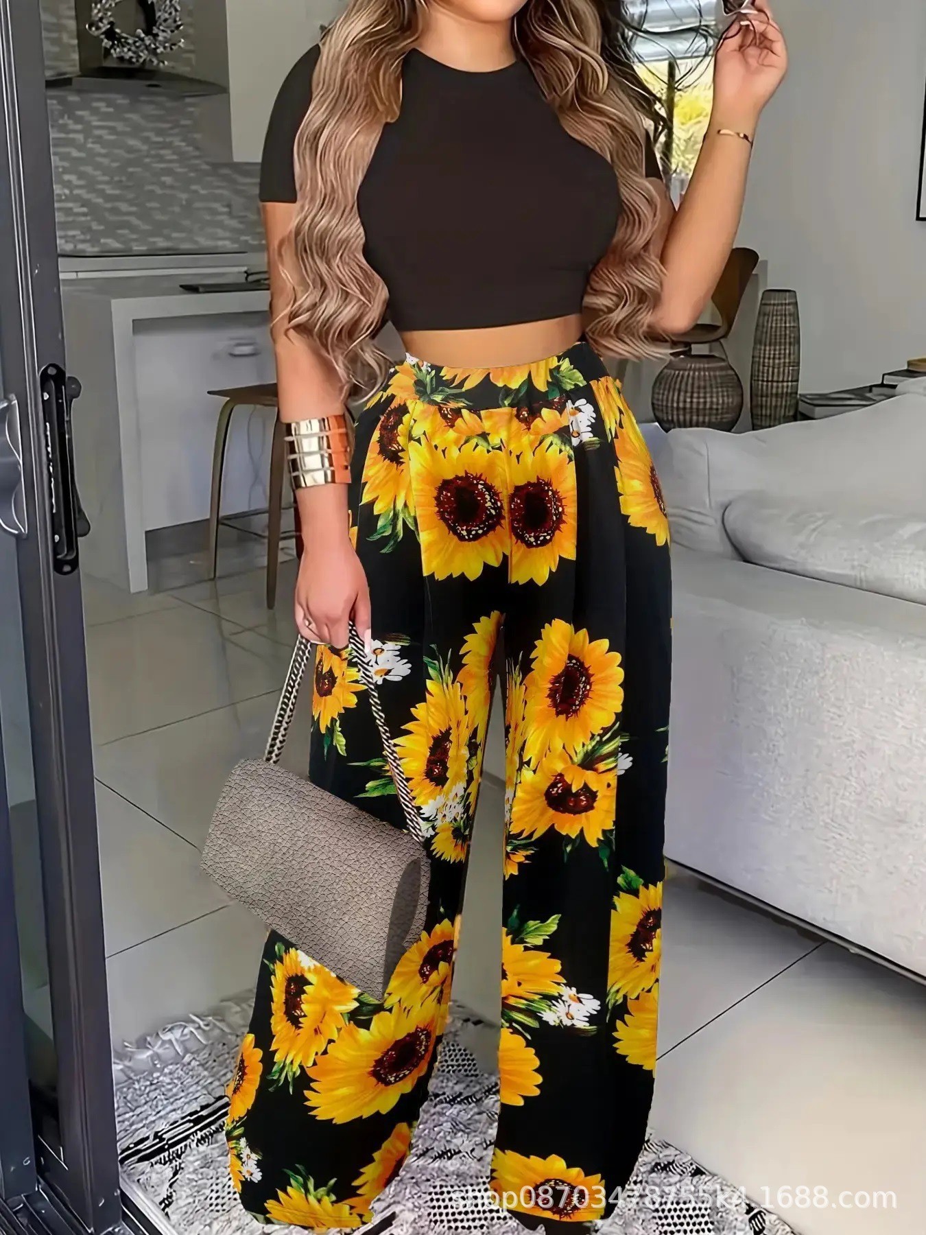 Picture of Cross-Border European and American New Fashion Trendyy Casual Suits 2024 New Trendyy Printed T-Shirt + Wide-Leg Pants Suit for Women