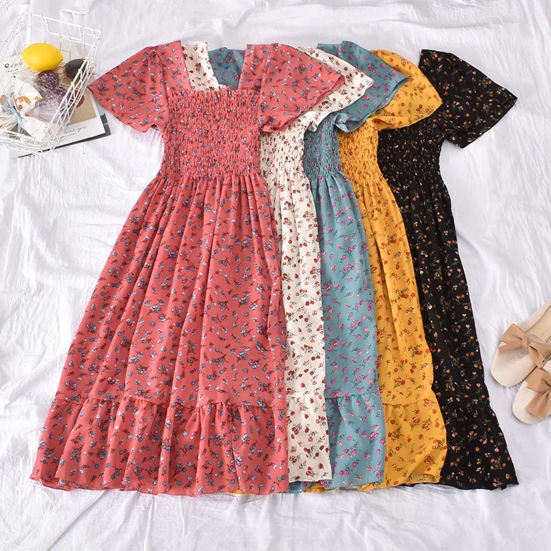 2025 Summer Korean Style New Arrival Skirt Vintage All-match Square Collar Floral Print Slim-fit Ruffled dress