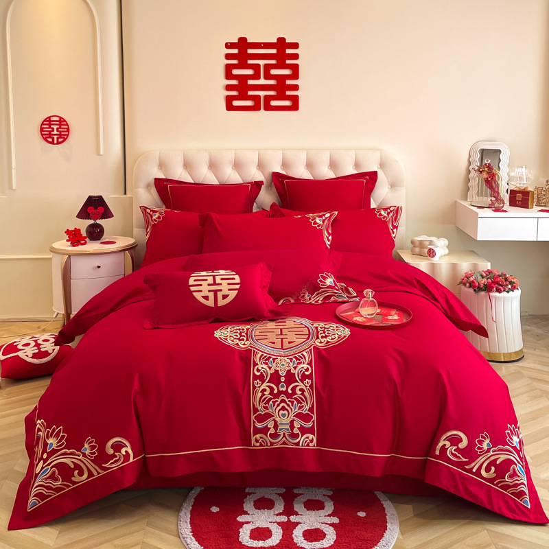 Picture of Y * J Chinese Dragon and Phoenix Embroidery Big Red Wedding Four-Piece Set Wedding Accompanying Cotton Six-Piece Bed Sheet Quilt Cover Bed