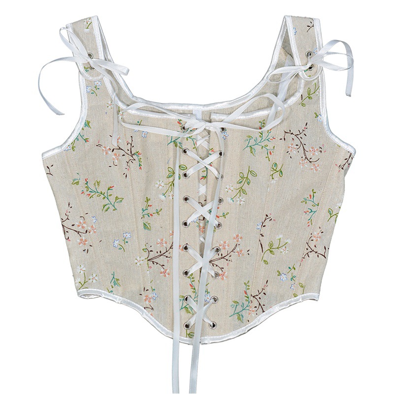 21639 French Style Small Floral Strap Fishbone Corset Short Vest Bustier Crop Early Spring New