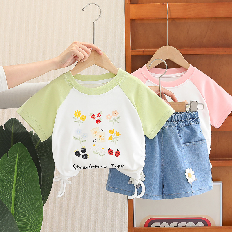 Girls' Summer Short-sleeved suit 2025 New Children's Flower Print Raglan Sleeve T-shirt Denim Shorts Two-piece Set