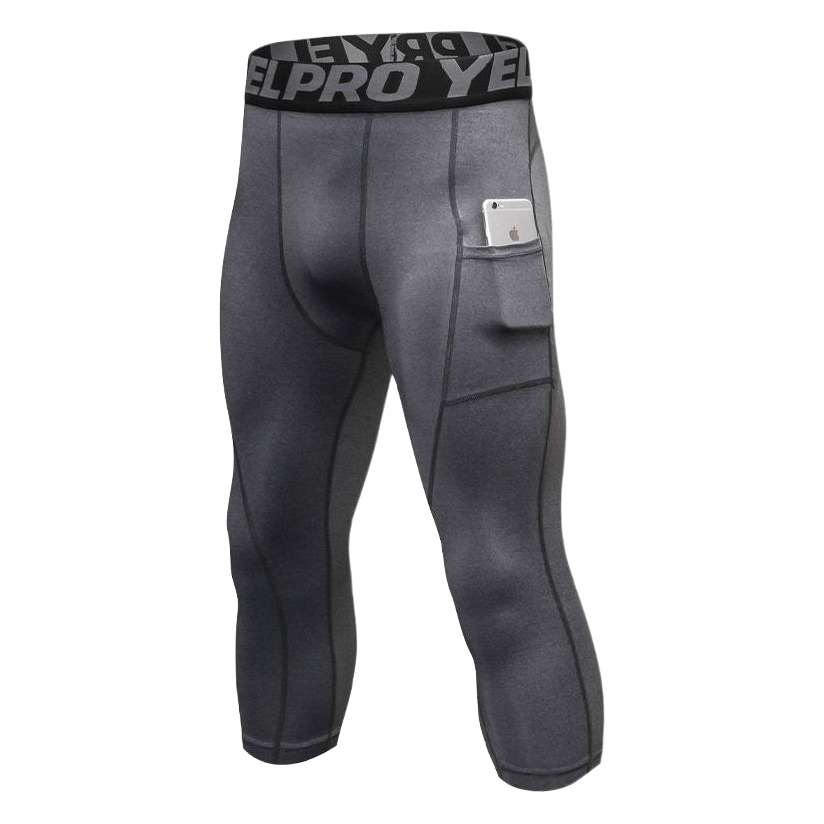 PRO Men's Fitness Cropped Pants with Pocket Sports Training Running Quick-drying Pants High Elastic Tight Cropped Pants 1081
