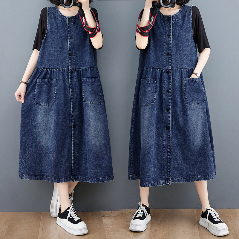 Vintage Round Neck Single-breasted Loose A- line Slim Look Midi Dress Denim Vest dress