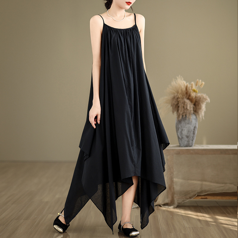 Picture of Black and White Minimalist Irregular Hem Sling Long Dress Children's Loose Beautiful Travel Photoshoot Sleeveless Solid Color Cotton and Linen dress