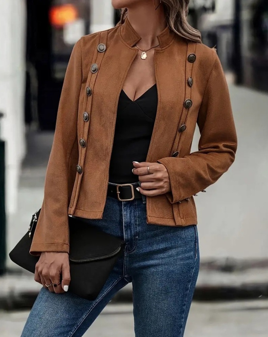 Picture of 2024 Europe and the United States cross-border solid color double-breasted decorative jacket new deerskin velvet retro long sleeve jacket in stock