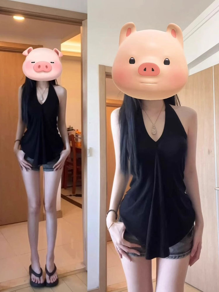 Black Sexy V-neck Sleeveless Vest Women's Summer Outer Wearing Design Pure Sweet Spice Girl Small Sling Top