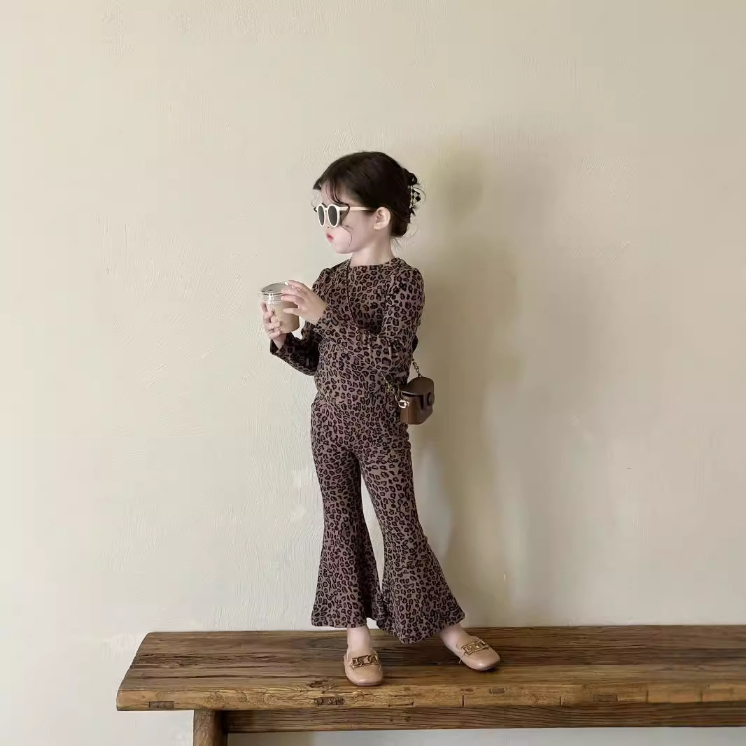 Girls Long-Sleeved Suit 2025 Spring New Korean Style Girls Leopard Print Suit Kidsren's Long-Sleeved Two-Piece Suit Kidsren's Clothing