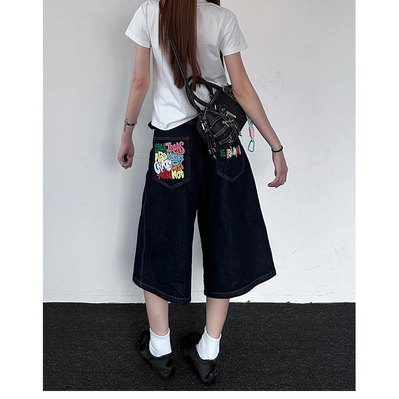 American Retro Colorful Letter Printed Cropped Pants for Women 2025 Spring and Summer New Sexy Straight Casual Denim Shorts