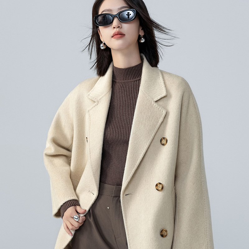 Alashan Desert King autumn and winter women's overcoat tight waist slim camel velvet mid-length cashmere woolen wholesale