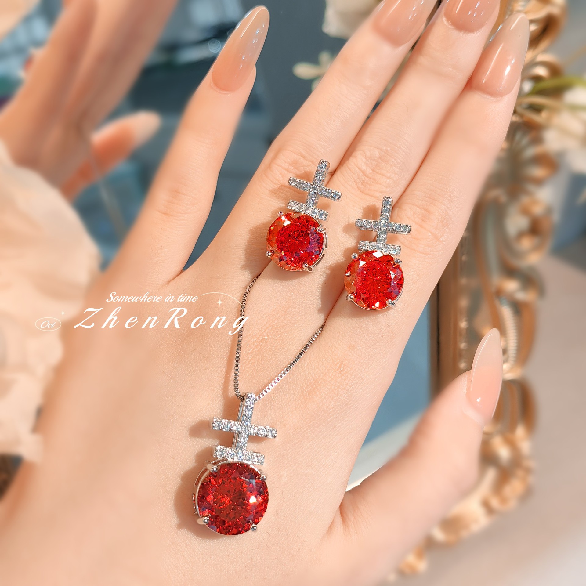 New Chinese Style Creative Jiji Color Treasure Necklace suit Inlaid with Chinese Red High Carbon Diamond Pendant Bird's Nest Cut Pink Diamond Earrings