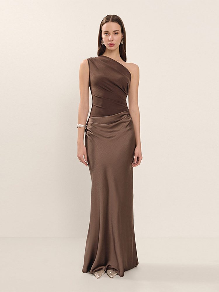 2025 European and American Cross-Border Amazon Summer New Women's Off-Shoulder Sleeveless Satin Splicing Elegant Long Dress