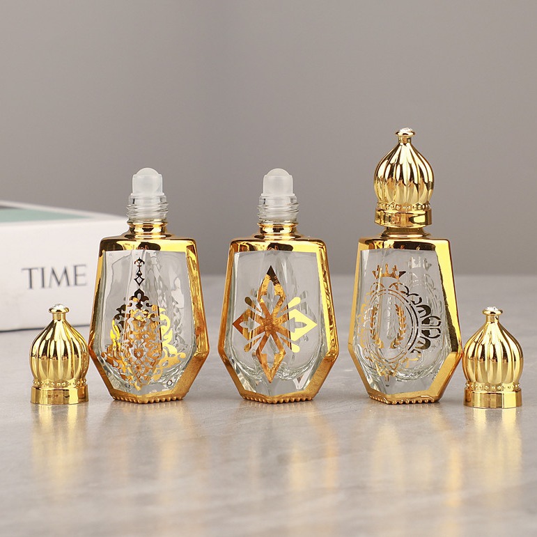 Z028-10Ml Factory Direct Sales Electroplating Middle Eastern Glass Ball Empty Bottle Metal Hot Stamping Glass Essential Oil Bottle