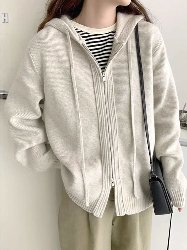 2024 spring, autumn and winter hooded double zipper sweater coat women's loose outer wear lazy style thick sweater cardigan ins