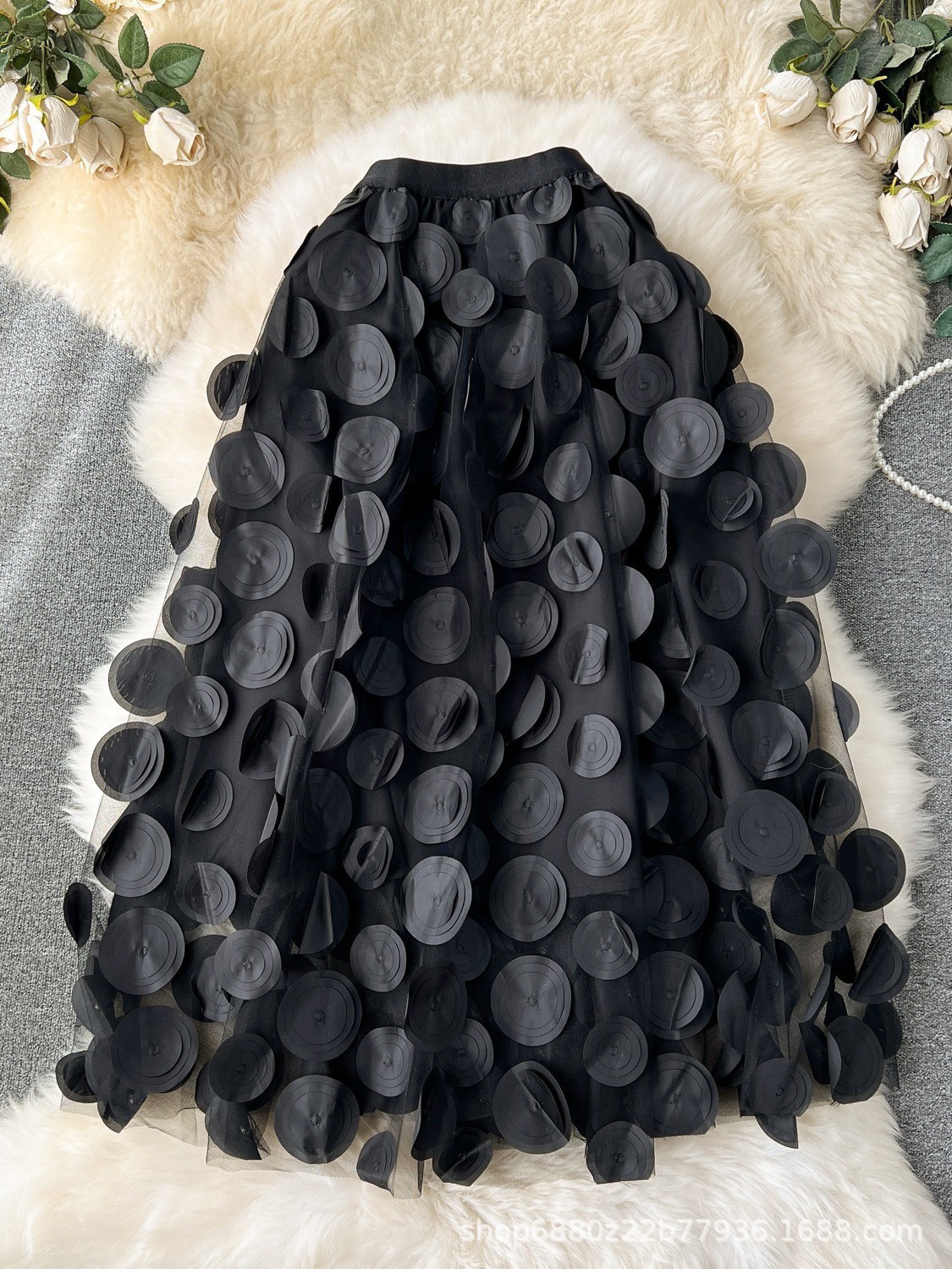 French Polka Dot Black Mesh Skirt 2025 New Design Mid-Length Umbrella Skirt