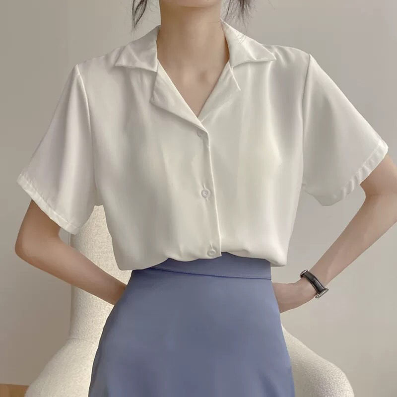 Picture of 2023 spring and summer new retro Hong Kong style Korean style professional suit collar long sleeve lapel short sleeve shirt Women's solid color top