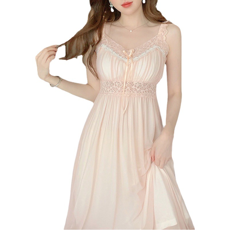 French Style Lazy Style Nightgown Women's Sweet Lace Lace Bow Pure Desire Home Skirt dress Hair