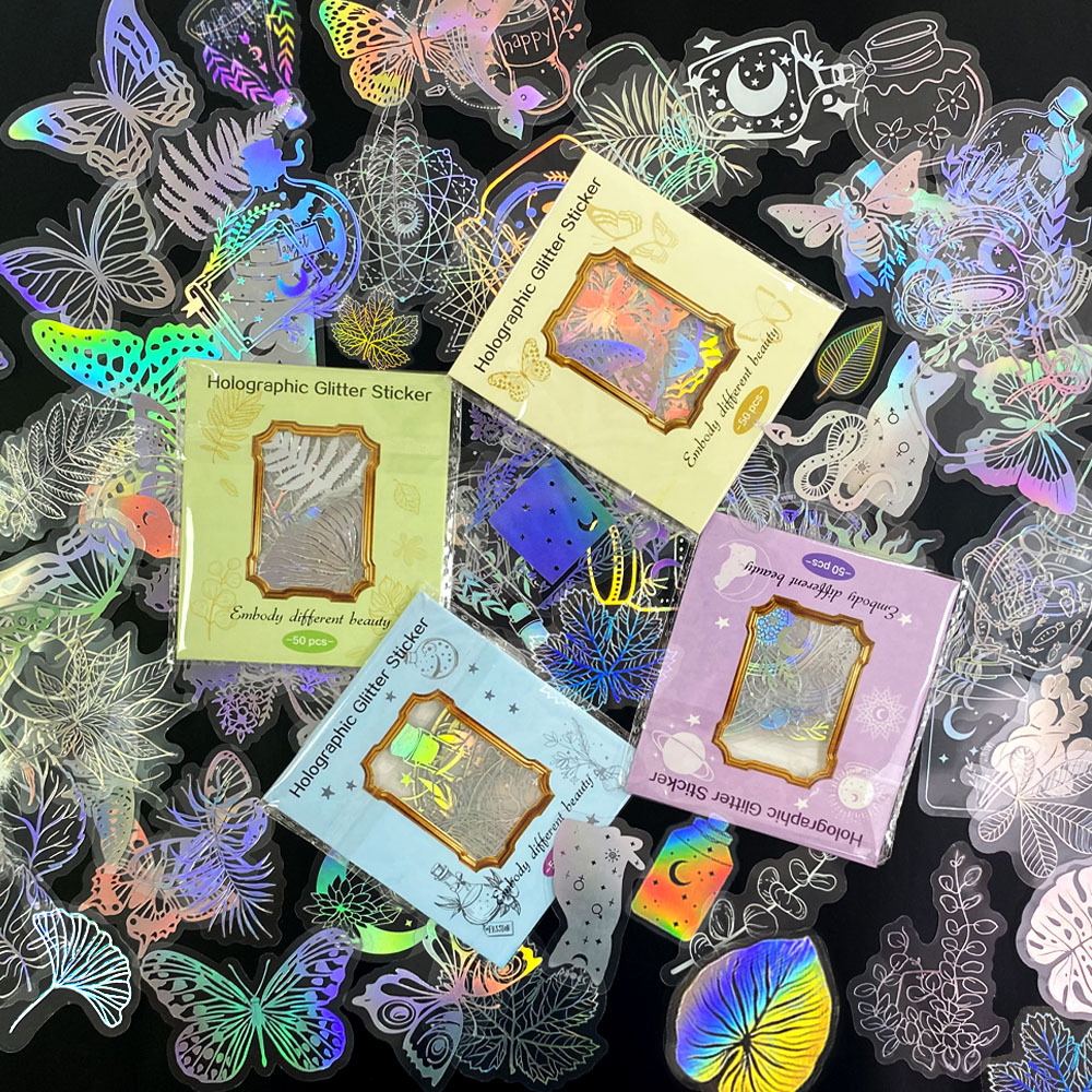 Cross-Border Laser Stickers 50 Pieces Transparent Retro DIY Material Decoration Glitter Creative Handbook Pet Sticker Pack