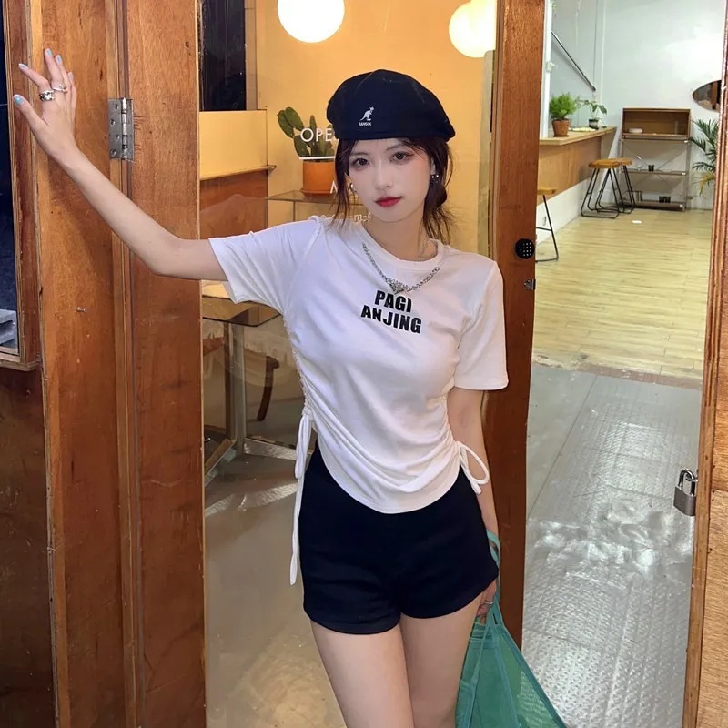 2024 New Summer Fried Street Fashion Short-sleeved T-shirt Women's All-match Slimming Design Niche Pleated Drawstring Top