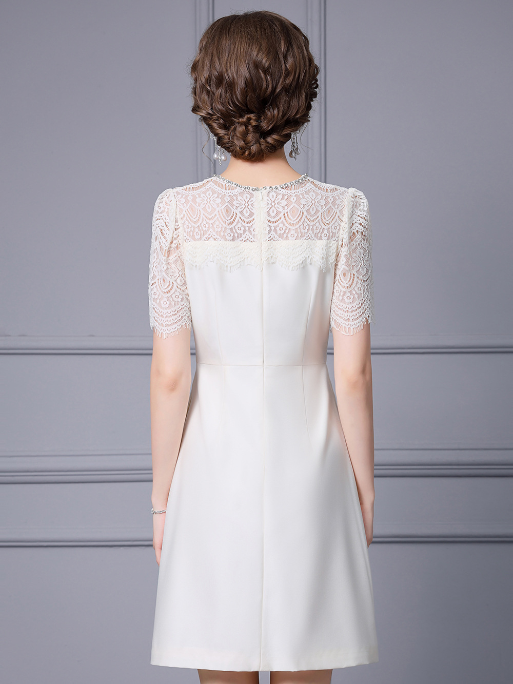Picture of Zhili noble and elegant temperament dress heavy industry nail drill lace stitching short sleeve high waist A- line skirt summer women