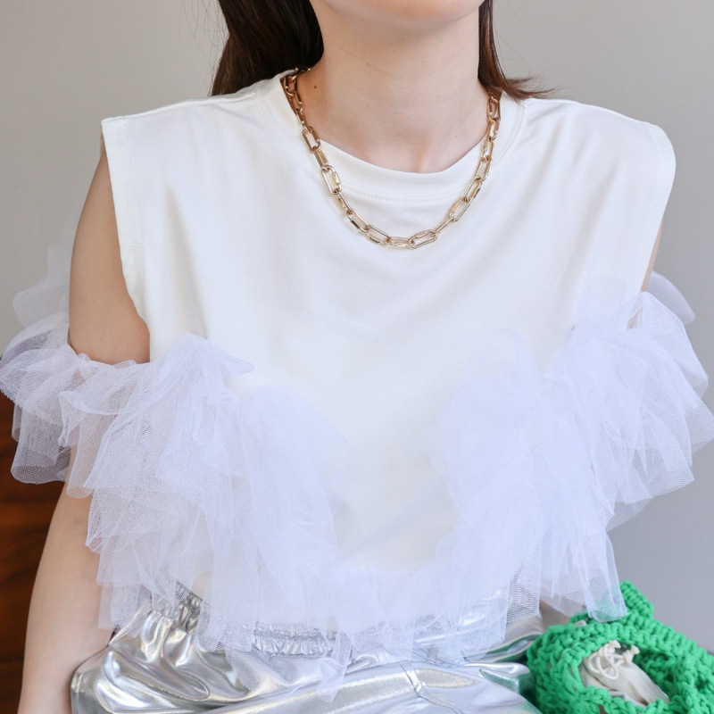 Multiplication New Heavy-Duty Mesh Decoration Two-Wear Ol White-Collar Women's Short-Sleeved Cotton Top