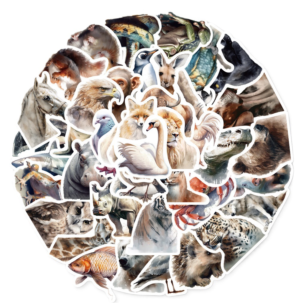 50 pieces watercolor realistic animal graffiti stickers water cup mobile phone refrigerator decorative stickers creative luggage stickers waterproof