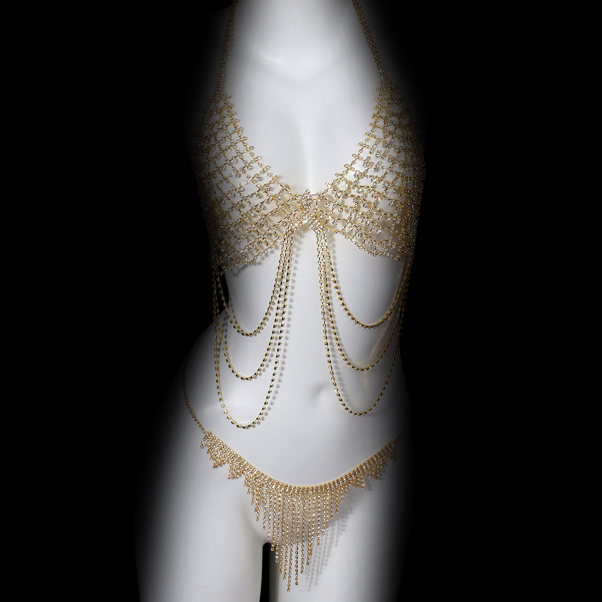 Picture of Personality Fashion Full Diamond Tassel Body Chain suit European and American Nightclub Sexy Exaggerated Bikini Chest Chain Waist Chain Accessories