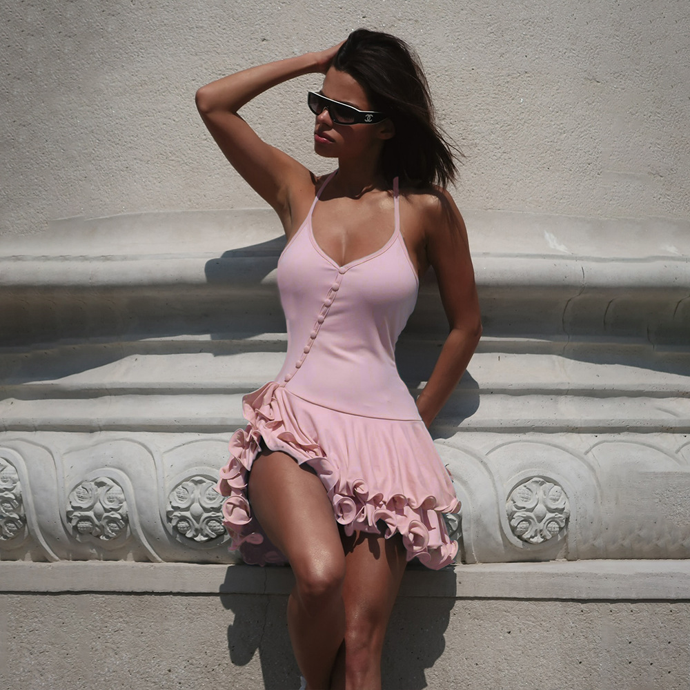 2025 European and American Cross-Border Summer New Hot Girl Slimming Halterneck Ruffled Single-Breasted Design Dress