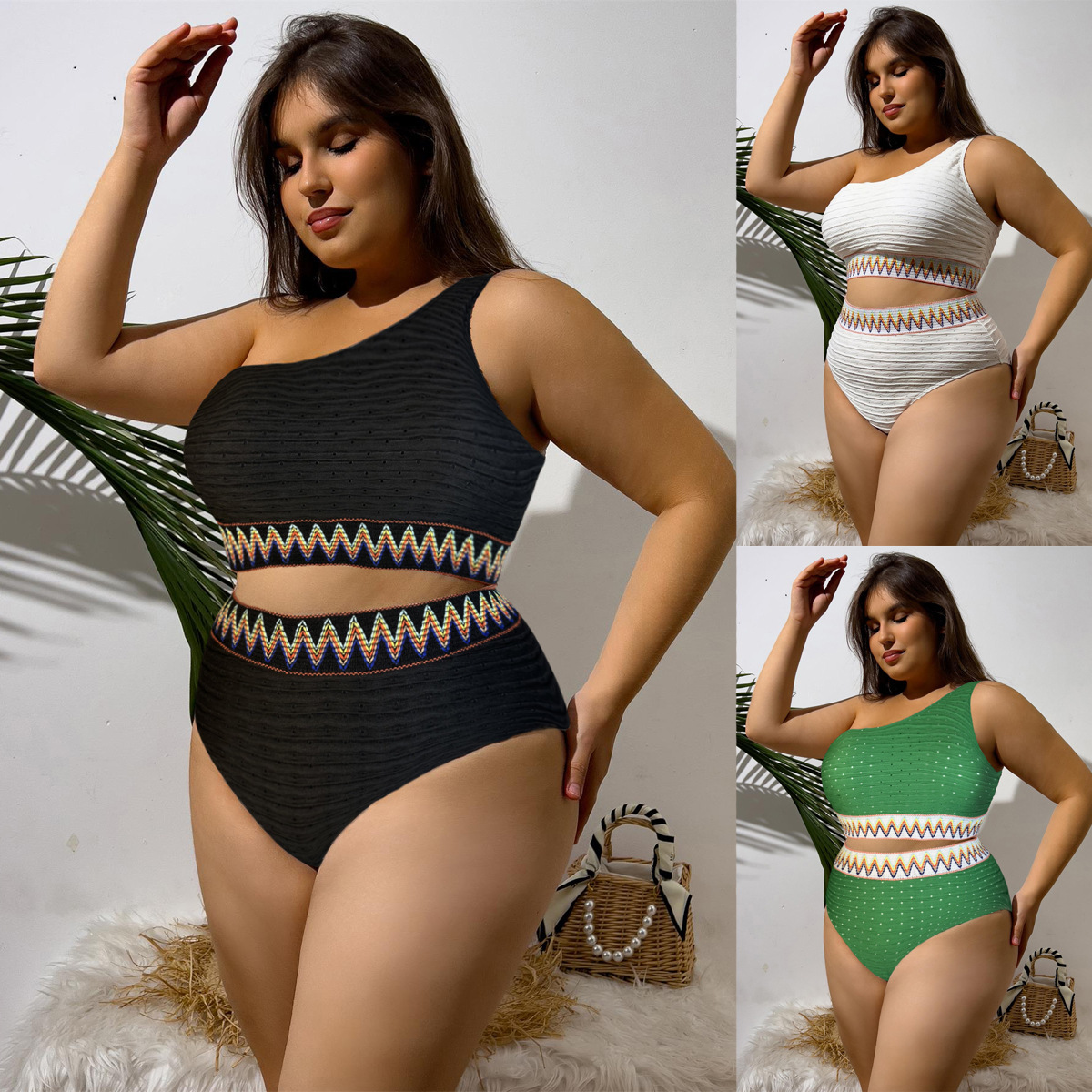 Cross-border 2024 New Amazon Europe and America Sexy One-shoulder High Waist Split Fat Woman Bikini Swimsuit plus size Swimsuit