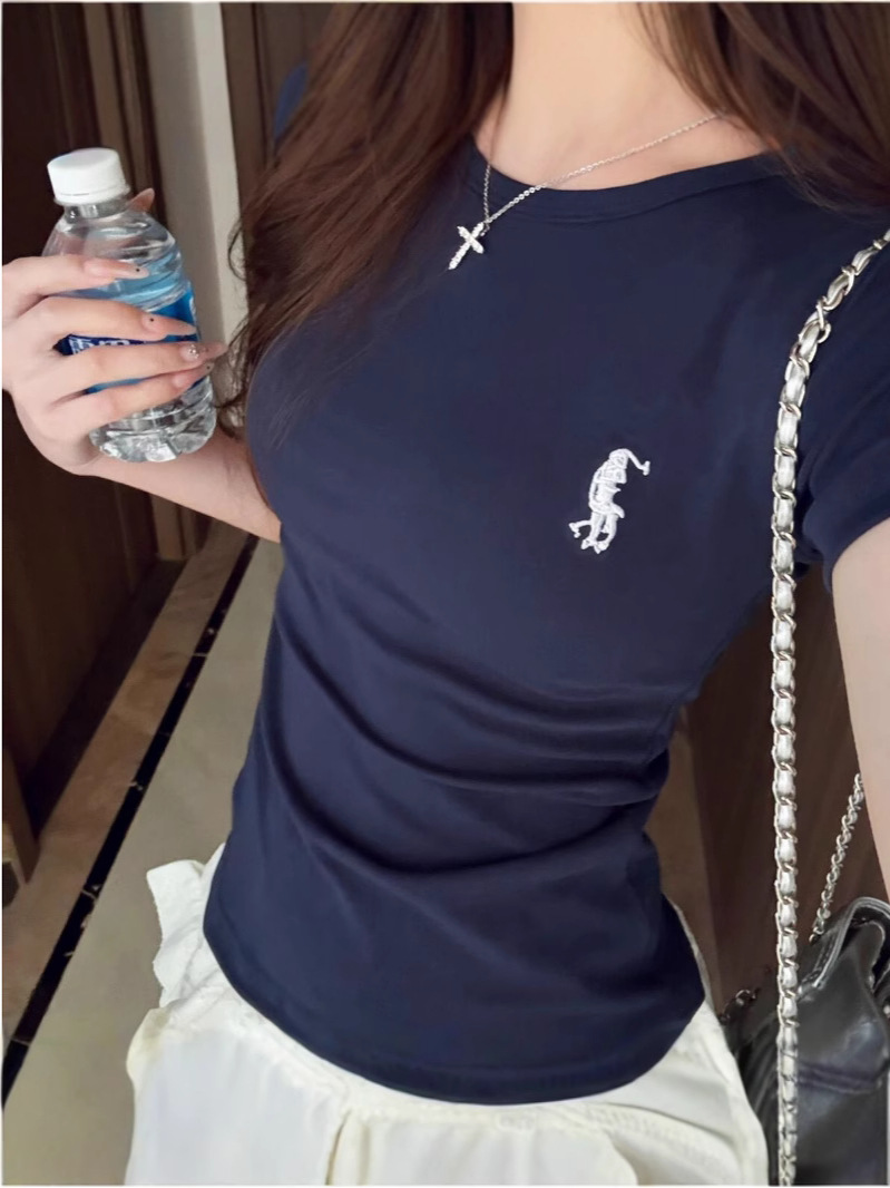 Ihot Girl 2025 Embroidered Round Neck T-Shirt Summer Short Sleeve Design New Easiest for Match Slim Short Pony Top