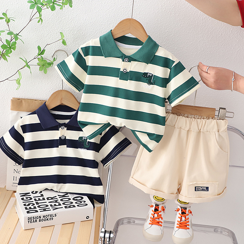 Boys' Stylish Suit Children's Comfortable Summer Clothes Children's Summer Striped Lapel Short-sleeved Two-piece Fashionable Children's Clothing