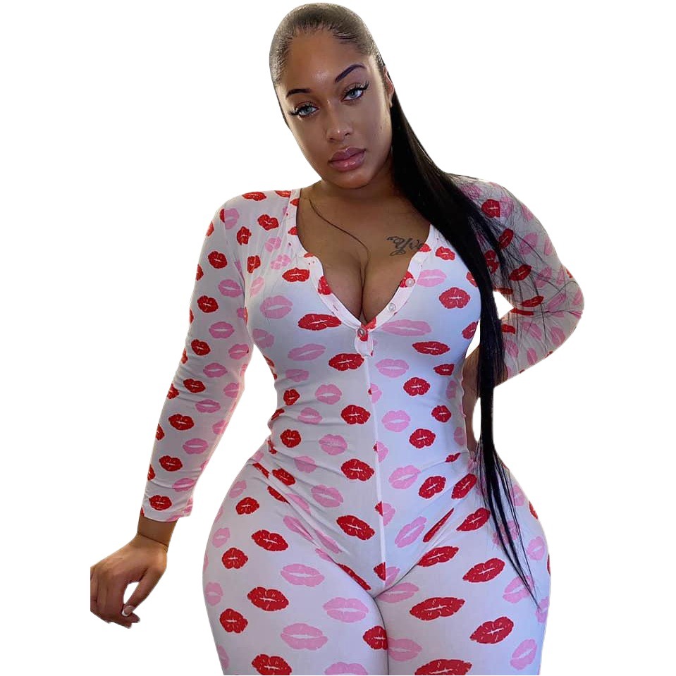 D9225 Amazon Hot Cross-border European and American Women's Casual Loose Lip Print Large Size Home Jumpsuit