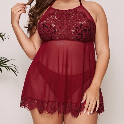 European and American Foreign Trade Neck Lace Mesh Stitching Semi-perspective Temptation Nightgown Free Sexy Teasing Sling Skirt