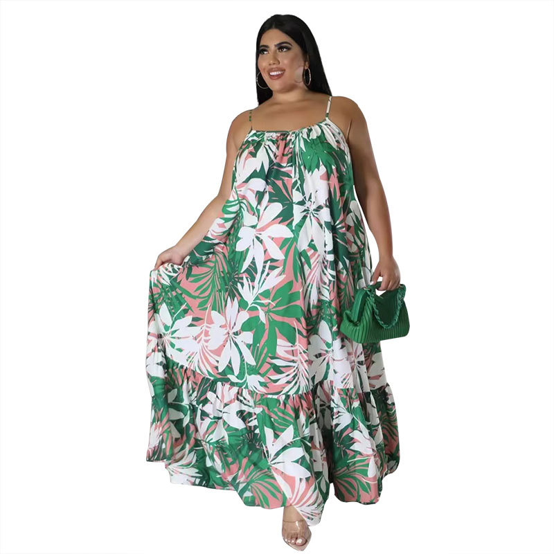 Picture of 211259 New Summer Product European and American Sexy Off-Shoulder Pleated Long Plus Size Women's Fashion Printed Suspender Dress