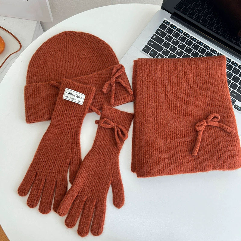 Picture of 25 Years New Korean Woolen Hat Pure Color Scarf Gloves Hat Winter Warm and Cold-Proof Knitted Three-Piece Suit